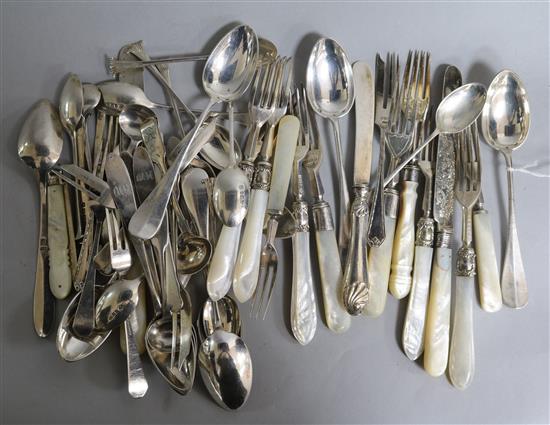A quantity of assorted silverware, including teaspoons, cake forks, dessert eaters condiment spoon and fruit knife,